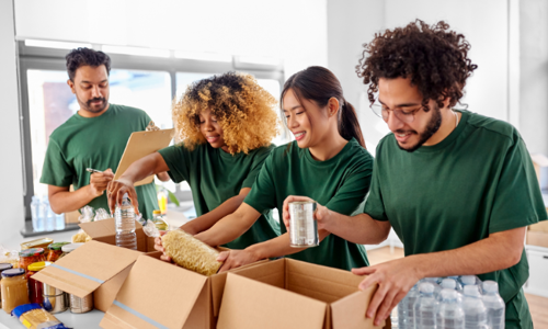 Volunteers packing donations